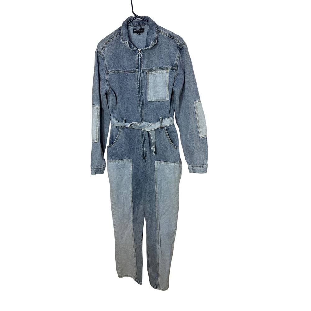 PrettyLittleThing Womens Patchwork Denim Jumpsuit Blue‎ Long Sleeve Size 10